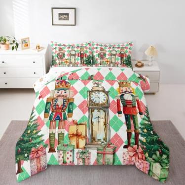 Imagem de jejeloiu Conjunto de edredom de Natal para todas as estações, quebra-nozes, com 2 fronhas, desenho de soldado, microfibra, roupa de cama de casal verde, árvore de Natal, edredom