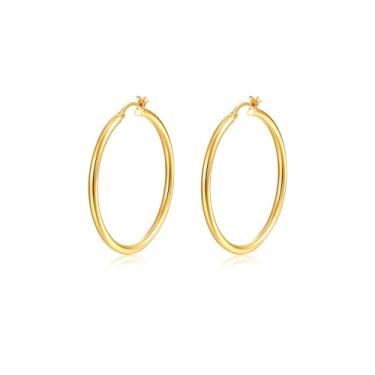 Imagem de Lansora Brincos de argola minimalistas, banhados a ouro, leves, cliques, grandes, redondos, para mulheres e homens, 30/40/50/60 mm, Cobre, Sem pedra preciosa