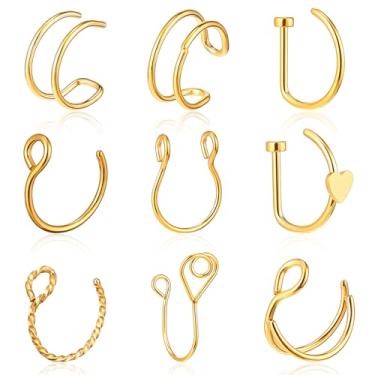 Imagem de 9 peças de anéis de nariz falsos de ouro falso piercing de nariz para mulheres anel de septo sem piercing anel de lábio brincos de orelha para mulheres festa