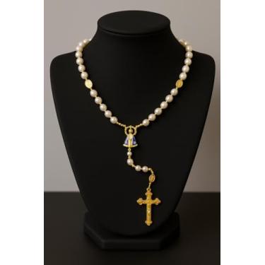 Imagem de Artesanal, Terço Colar Nossa Senhora Aparecida, Contas Peroladas, com Porta Terço, Artigo Religioso, Branco