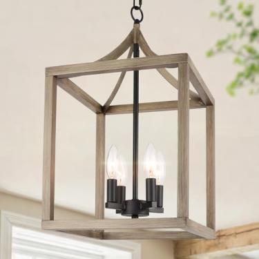 Imagem de LPRZSG Lustre de fazenda de 4 luzes - luminária de teto industrial com gaiola de metal de madeira pintada, lustres pendentes geométricos para entrada, hall de entrada, cozinha, base E12