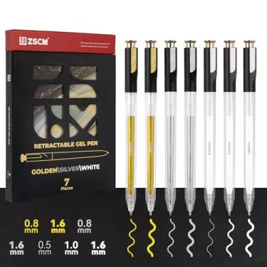 Imagem de ZSCM Canetas de gel retráteis, pacote com 7 canetas de tinta gel prata ouro branco de grande capacidade, canetas de 1 mm de ponta fina para escrever livros de colorir para adultos, anotações