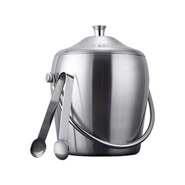 Imagem de Balde de gelo, balde de gelo isolado balde de gelo de parede dupla de aço inoxidável com tampa, balde de gelo compacto de metal pesado com alça e clipe de gelo para gelo de meio galão e garrafa de