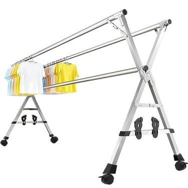 Imagem de Suporte de lavanderia para secar roupas, arejador, dobrável, ajustável, escorredor de roupas de aço inoxidável, com 4 rodas universais, rack de secagem de roupas (tamanho 20