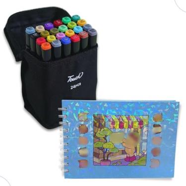Imagem de Kit 24 Canetinhas Coloridas Toutch de Ponta Dupla + 1 Livro de Colorir com 48 Folhas (Azul)