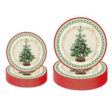 Imagem de LeZakaa Conjunto de pratos de papel de Natal, árvore de Natal, design de sino dourado com borda de azevinho, pratos de festa descartáveis, suprimentos de mesa, decoração de mesa para jantar, sobremesa