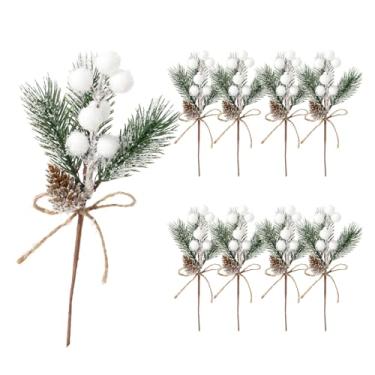 Imagem de ALAGIRLS 8 palhetas artificiais de frutas vermelhas brancas com mini pinhas, verde de Natal falso para artesanato, guirlanda de outono para aniversário, casamento, Halloween, decorações de Natal