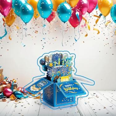 Imagem de Cartão de aniversário pop-up 3D com envelope - Design feito à mão com corte a laser, cartão dobrável para filha, filho, mãe, pai e amigos, azul