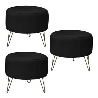 Imagem de Kit 3 Puffs Decorativos Redondo Couro Preto