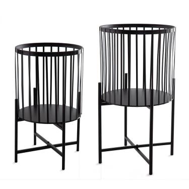 Imagem de Kit 02 Cachepot Metálico Ripado Preto Com Suporte D'rossi