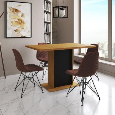 Imagem de Mesa Jantar Londres Tampo Canela 120Cm Base Preta 4 Cadeiras Ferro Preto Estofado Caramelo