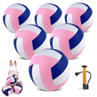 Imagem de Pacote com 6 bolas de vôlei oficiais tamanho 5, bolas de vôlei recreativas à prova d'água com bomba e bolsa de rede para uso interno e externo, praia, areia, água, piscina, jogo de treinamento para