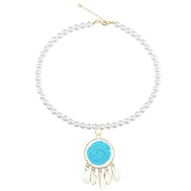 Imagem de Anmpab Colar de concha boêmia, redondo, com pingente de pérola, tecido de grama, para mulheres, joias étnicas tribais, Large, Metal, Sem Pedra Preciosa