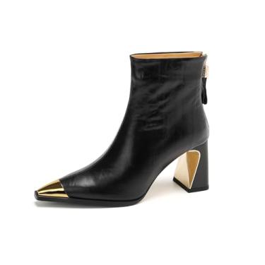 Imagem de TinaCus Bota feminina de couro legítimo de cano curto feita à mão com zíper nas costas, Preto, 36