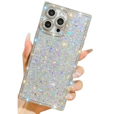 Imagem de BANAILOA Capa com glitter brilhante compatível com iPhone 14 Pro Max, borda retangular com strass luxuoso, capa protetora para câmera para 14 Pro Max - 6,7 polegadas (prata flash)