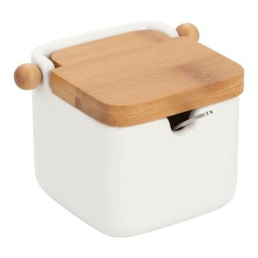 Imagem de Saleiro Açucareiro Cerâmica Porcelana Tampa Bambu C/ Colher Branco - K