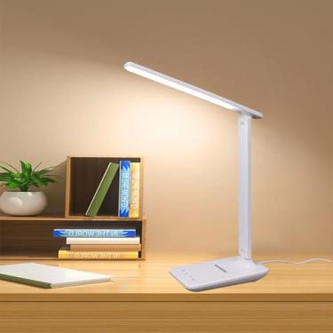 Imagem de AOUGO Candeeiro de mesa de LED regulável com porta de carregamento USB, 5 modos de cor, 5 modos de brilho, lâmpadas de mesa dobráveis portáteis para dormitório em casa, escritório, quarto, leitura