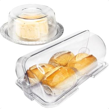 Imagem de Kit Cozinha Café Da Manhã Cristal Acrílico Boleira Manteigueira Queijeira Porta Pão Organizadores De Mesa Chá Da Tarde(Porta Pão + Queijeira)
