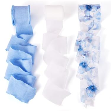 Imagem de KISSITTY Fitas de poliéster decorativas de 15 metros de folhos largos cor azul padrão de flores fita artesanal 3 rolos para grinalda faça você mesmo, casamento, Natal, Ação de Graças, decoração de