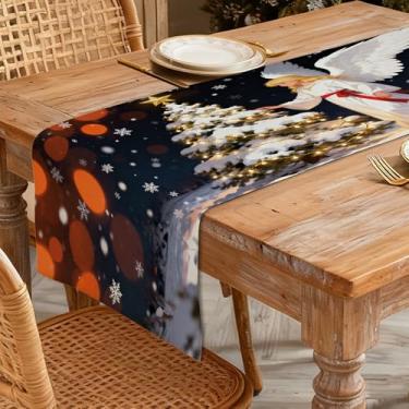 Imagem de Caminho de mesa de Natal 33 x 91 cm - Decoração de mesa de jantar de cozinha de inverno para decoração de casa, anjo de Natal estampado com árvore de neve e luzes douradas para decoração de férias de