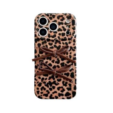 Imagem de Linda capa de telefone com estampa de chita para iPhone 17 Pro Max, estampa estética retrô marrom leopardo com laço Y2K TPU macio moderno e capa protetora de câmera completa para mulheres e meninas