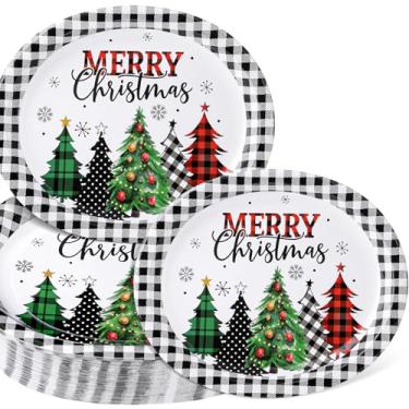 Imagem de Hsei 100 peças de pratos ovais descartáveis de Natal 25,4 x 30,5 cm, pratos grandes de festa de Natal, chá de bebê, prato de jantar de papel, pratos xadrez de búfalo de Natal, suprimentos a granel