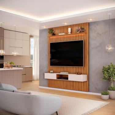 Imagem de Painel Para Tv Até 65 Polegadas 1,83m Ripado Autêntico Com Led E Nicho Montreal Madeirado/off White
