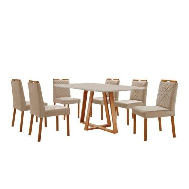 Imagem de Conjunto Sala De Jantar Mesa Florença 160x90cm Off White Com 6 Cadeiras Dallas Veludo Bege