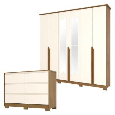 Imagem de Cômoda Ravenna E Guarda Roupa Casal Andréas Nature Off White Com Espelho - Henn