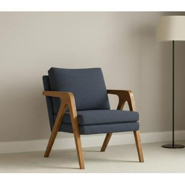 Imagem de Poltrona Mona Linho Estofada Decorativa Luxo Pés De Madeira Maciça Sala Estar Recepção (AZUL)