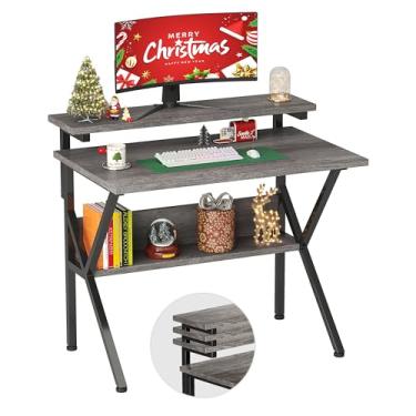 Imagem de COTUBLR Mesa pequena, mesa de computador pequena para espaços pequenos, mesa de computador de 27,5 polegadas com suporte ajustável para monitor, mesa compacta com armazenamento, mesa de estudo pequena