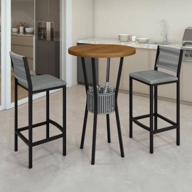Imagem de Conjunto Mesa Bistrô Bar Tampo Madeira Maciça Ripado 70cm com 2 Banquetas Barcelona Prata/Freijó/Preto
