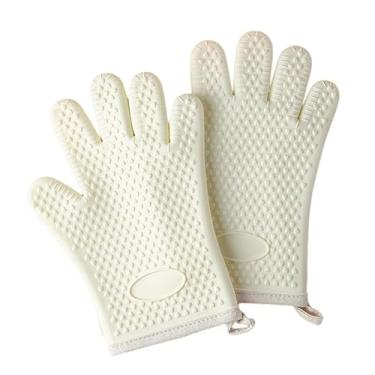 Imagem de Luvas de forno, com dedos e design à prova d'água, luvas de isolamento de silicone para cozinhar, adequadas para assar, pizza, decapagem, cozinhar etc. (off-white)
