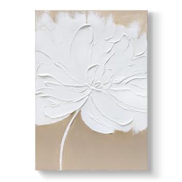 Imagem de Artaanchuil Arte de parede com textura de flor branca pintada à mão - Tela bege 71 x 101 cm, pintura a óleo abstrata, arte moderna vertical para decoração de parede de sala de estar