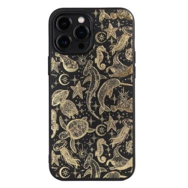 Imagem de Cavka Capa de telefone compatível com iPhone 13 Pro Max - Capa protetora dourada para peixes do oceano TPU borracha preta fosca estética vida marinha fantasia tartaruga dourada baleia água-viva