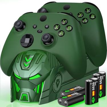 Imagem de Techerleaf Estação carregadora de controle recarregável com 2 baterias de 5520 mWh, compatível com Xbox Series X/S/Xbox One/One X/One S Elite, acessórios de armazenamento com 4 baterias - verde