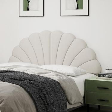 Imagem de Befurtori Cabeceira Queen Size apenas, suporte de parede com pétalas, tamanho queen/casal para cama ajustável, cabeça estofada de veludo, fácil montagem, creme