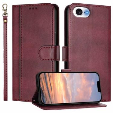Imagem de JanCalm Capa carteira para iPhone 16e, compartimentos para dinheiro, alça de pulso, fecho magnético, proteção de couro PU, capa de design minimalista, capas flip com suporte para iPhone 16e (vinho