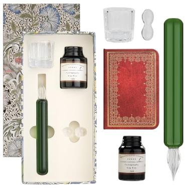 Imagem de GC QUILL Conjunto de canetas de imersão de vidro, caneta de caligrafia, uma caneta de cristal de agachamento para arte, escrita, assinaturas - decoração e presente de negócios (verde)