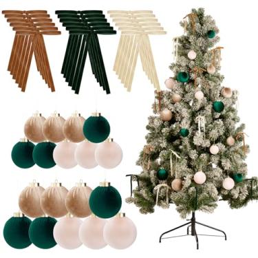 Imagem de Conjunto de 36 peças de enfeites de Natal de veludo, inclui 18 bolas de veludo inquebráveis de 8,5 cm, 18 laços neutros para pendurar no Natal (natural)
