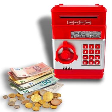 Imagem de Mini Cofre Eletrônico Vermelho Senha De 4 Dígitos Luz LED Efeitos Sonoros Puxador Automático Para Notas Moedas Cofrinho Infantil Educativo