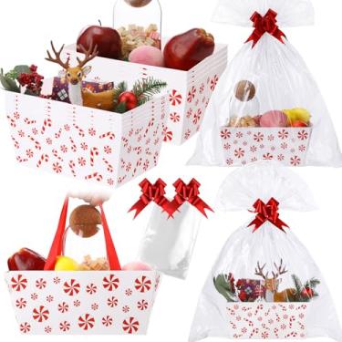Imagem de Moinchore 12 peças de cesta de Natal para presentes vazia 24 x 15 cm, bandeja de doces, cesta de papelão vermelha com laços, sacos de celofane, azulejos torcidos, vazia para encher como lembrancinha