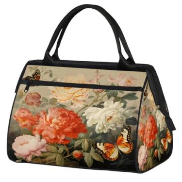 Imagem de Bolsa pequena para o fim de semana, feminina, masculina, floral, borboleta, retrô, colorida, dobrável, bolsa esportiva leve para academia, Cor: 1, 15.2*8.3*11.6 inch, Moderno