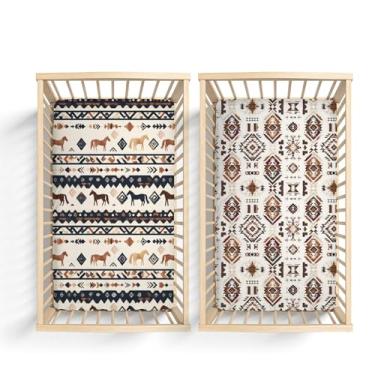 Imagem de Pacote com 2 lençóis de bebê com estampa geométrica de cavalo tribal nativo americano, unissex, para berçário ocidental, para meninos e meninas, colchão padrão para berço e criança-71 x 132 cm