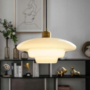 Imagem de Luminária pendente E27 dourada, estilo nórdico, para mesa de jantar, lustre de meados do século XX, com cúpula de vidro branco e altura ajustável. Ideal para hall de entrada, ilha de cozinha