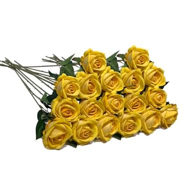 Imagem de SxingUxing 18 peças de flores artificiais de rosas amarelas com haste longa, tecido flocado realista, buquê de rosas para decoração de mesa de festa de casamento em casa (amarelo)