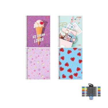 Imagem de Kit Caderno Universitário Vibe Feminino 1M 80F Tilibra + Caneta Spiro 0.7mm Pote 24 + Marcador Brush 10 Cores
