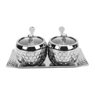 Imagem de SPYMINNPOO Recipientes de Condimentos Com Tampas Conjunto de Bandeja para Potes de Tempero de Aço Inoxidável 304 Com Tampas de Vidro Transparente Bandeja de Colheres, Recipientes de Armazenamento de