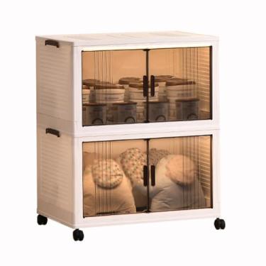 Imagem de SPXMQSS Caixa de armazenamento com tampa grande caixas de empilhamento transparentes com tampa e rolos, abertura da porta da frente para fácil acesso Caixa de plástico dobrável para cozinha sala de