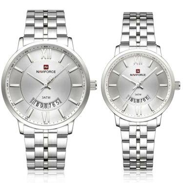 Imagem de Relogio De Pulso Conjunto Casal Em Aço Inoxidável De Quartzo Design Casual Impermeavel 3atm Branco